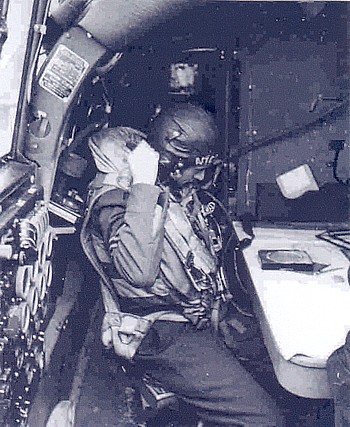 Iain Nicolson settling down at his Lancaster Navigator tablebefore taking off